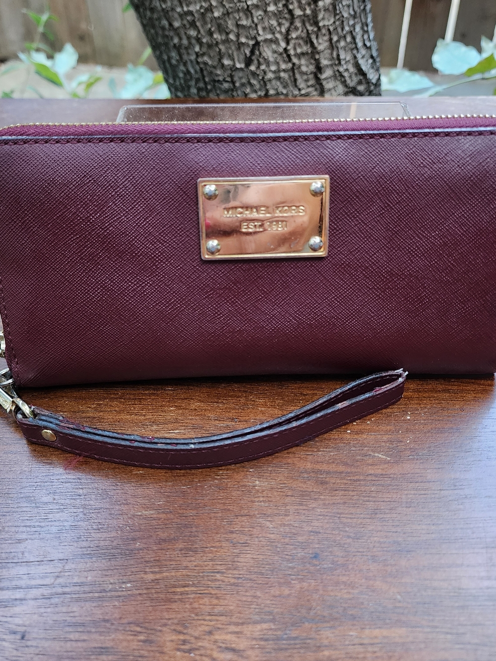 Michael Kors Burgundy Saffiano Leather Zip Around Wristlet Wallet